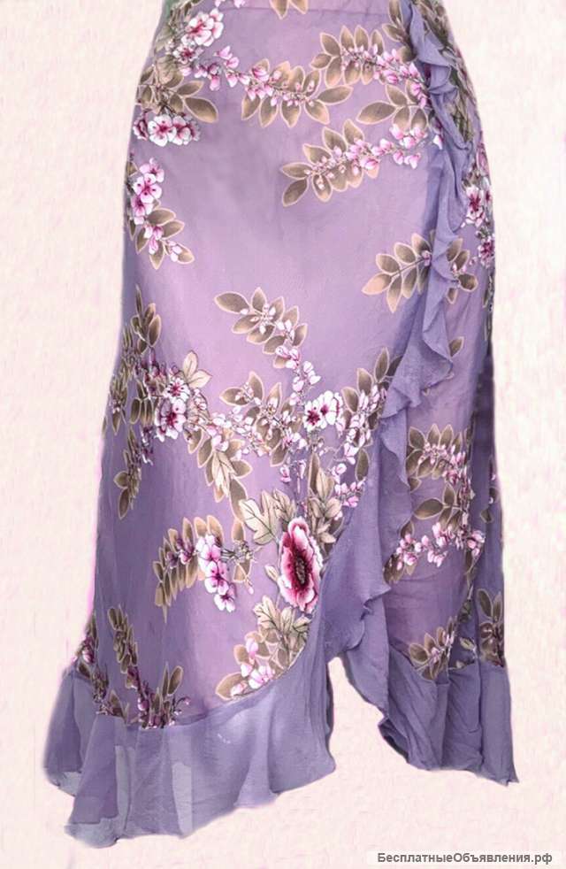Лиловая юбка с цветочным принтом, размер 44-46