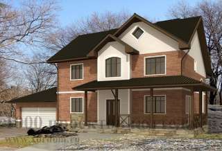 Трёхэтажный кирпичный дом на 215 кв. м с многоскатной крышей.