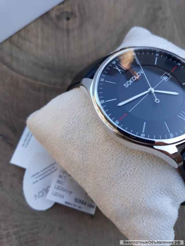 Серебряные часы Бренд Соколов с пломбой с ценниками, ремешок Телячья кожа, новые