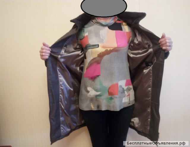 Женское, зимнее, кожаное пальто с натуральным мехом ягненка