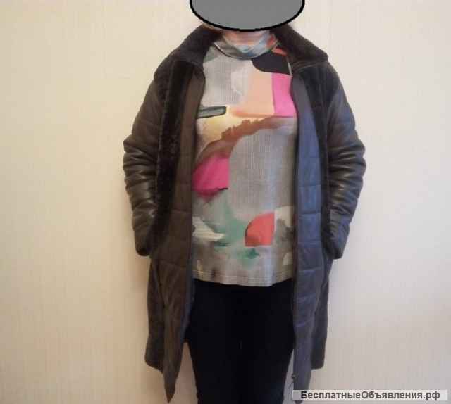 Женское, зимнее, кожаное пальто с натуральным мехом ягненка