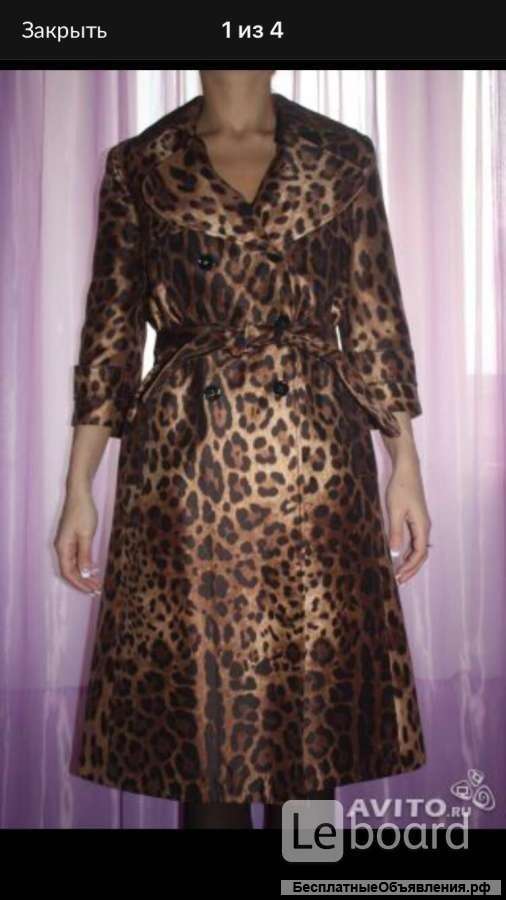 Плащ женский новый Dolce&Gabbana Италия 46 М размер леопард коричневый миди длина шелк оригинал мода