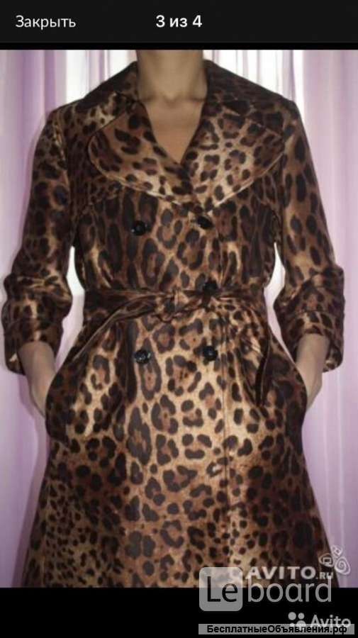 Плащ женский новый Dolce&Gabbana Италия 46 М размер леопард коричневый миди длина шелк оригинал мода