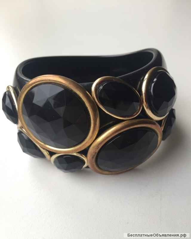 Браслет новый черный камни стразы swarovski сваровски кристаллы металл золото широкий пластик