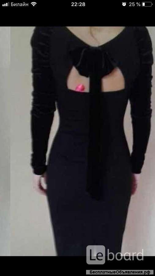 Платье футляр новое м 46 чёрное миди по фигуре ткань плотная вечернее бархат рукава бант стретч плот