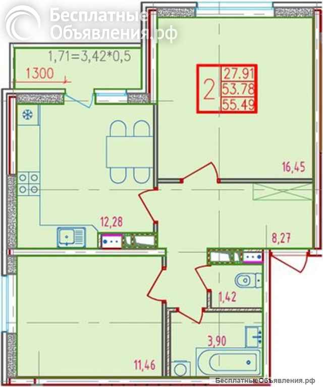 2 к.кв. 54 м2 16 эт Перспектива