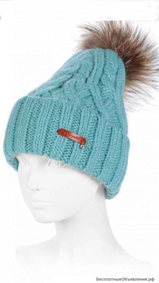 Шапка новая noryalli шерсть альпака меринос тифани бубон мех женская вязаная мятная зимняя теплая мя