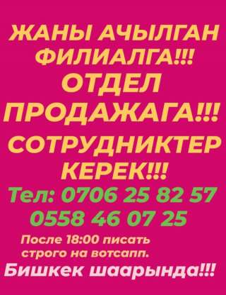 Жаны ачылган филиалга отдел продажага сотрудниктер керек