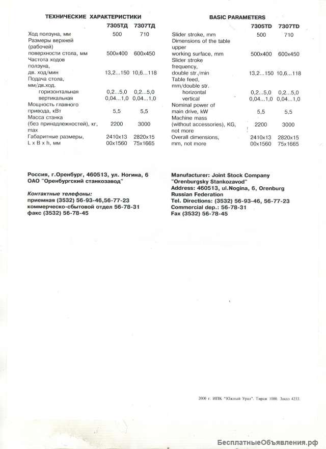 Поперечно-строгальные станки модели 7305