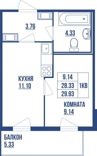 Просторная 1-к квартира 29.93 кв м в Шушарах.