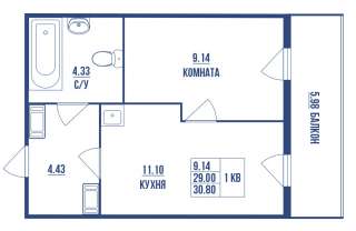1 комнатной квартиры 30.80 кв м в Шушарах