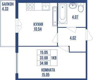 1 комнатной квартиры 34.98 кв м в Шушарах