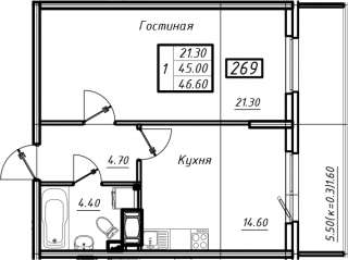 Просторная 1-к квартира 46.6 кв м в Шушарах.