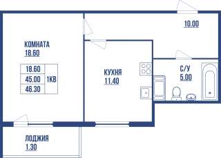 Просторная 1-к квартира 43.3 кв м в Шушарах. Старорусском пр