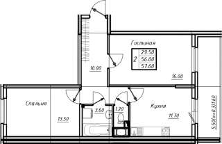 2 комнатной квартиры 57.60 кв м в Шушарах