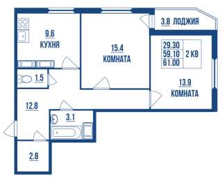 2 комнатной квартиры 61.00 кв м в Шушарах