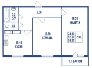 2 комнатной квартиры 58.20 кв м в Шушарах