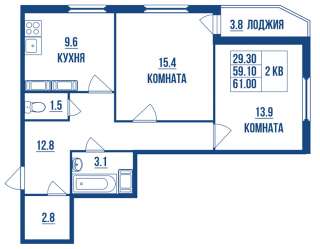 2 комнатной квартиры 61.00 кв м в Шушарах.