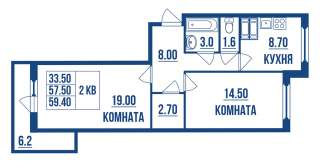2 комнатной квартиры 59.40 кв м в Шушарах