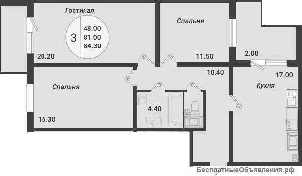 3 комнатной квартиры 84.30 кв м в Шушарах
