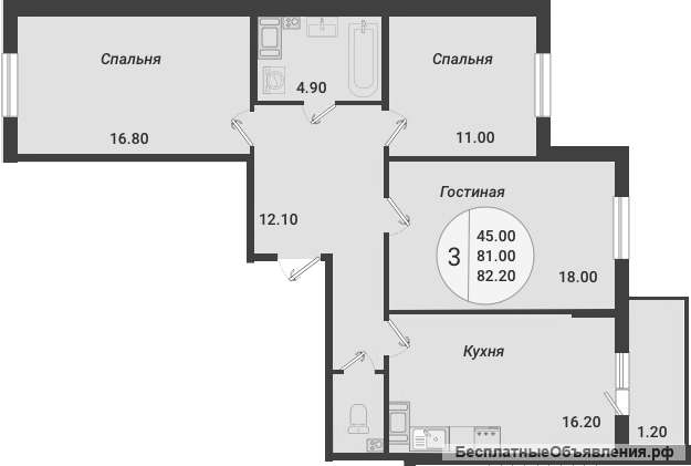 3 комнатной квартиры 82.2 кв м в Шушарах.