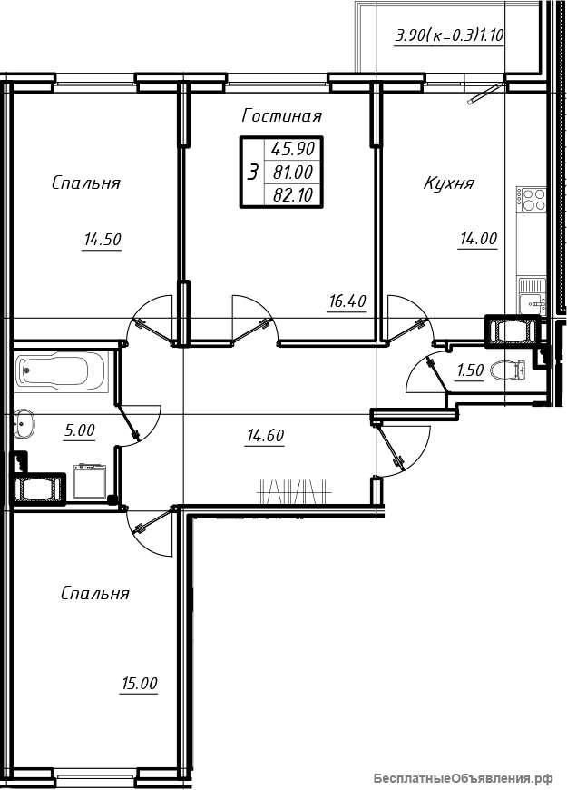 3 комнатной квартиры 82.10 кв м в Шушарах. Старорусский пр