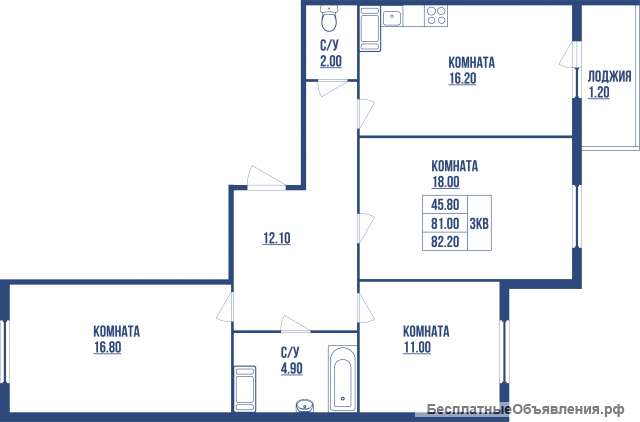 3 комнатной квартиры 82.20 кв м в Шушарах.