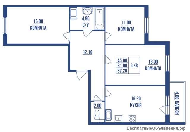 3 комнатной квартиры 82.2 кв м в Шушарах Старорусский пр