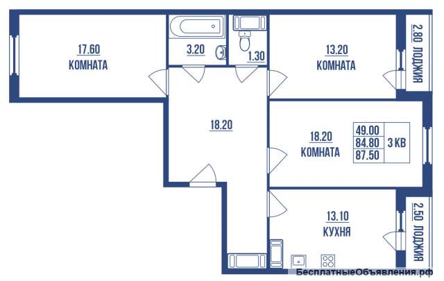 3 комнатной квартиры 87.50 кв м в Шушарах.
