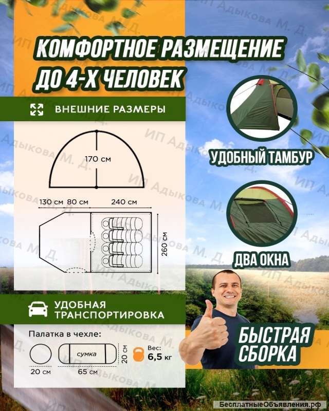 Палатка туристическая 4 местная с тамбуром двухслойная 1908-4