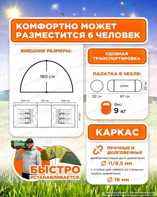 Палатка туристическая 6 местная кемпинговая с тамбуром и двумя комнатами