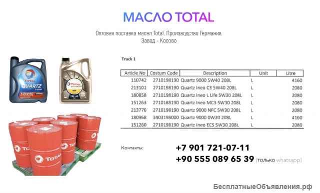 Масло автомобильное TOTAL оптом