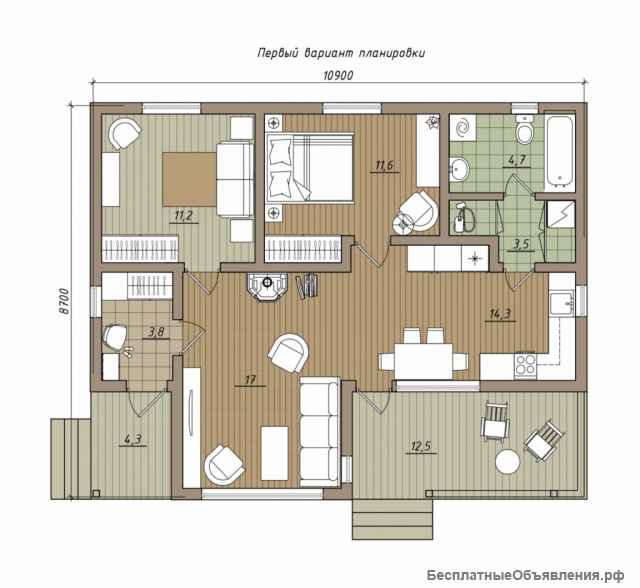 Дом из клееного бруса 66,1м2 + две террасы