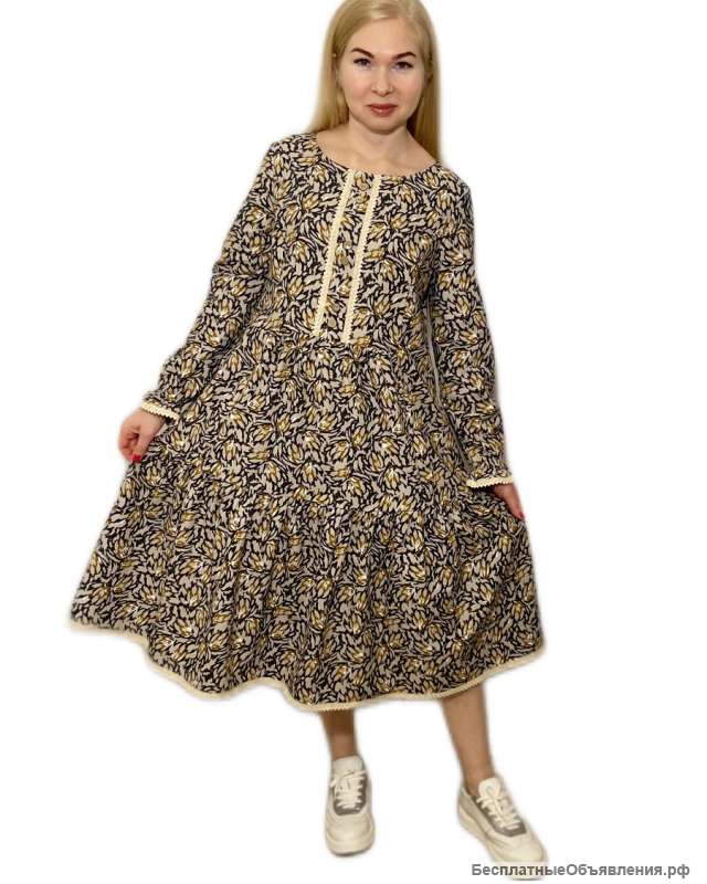 Платье женское ярусное нарядное теплое / Макошь- эко одежда