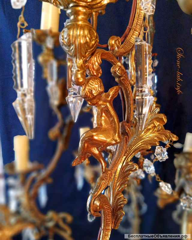 Бронзовая Люстра с хрустальными подвесками. Италия.