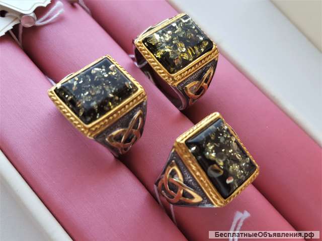 Печатка с янтарем серебро родированное, золочение