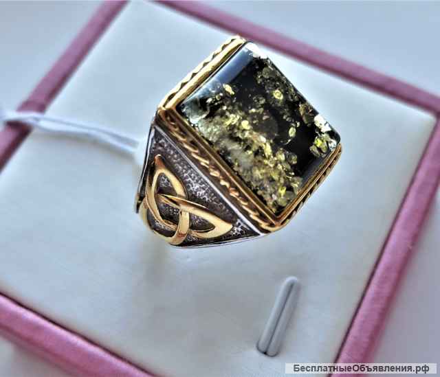 Печатка с янтарем серебро родированное, золочение