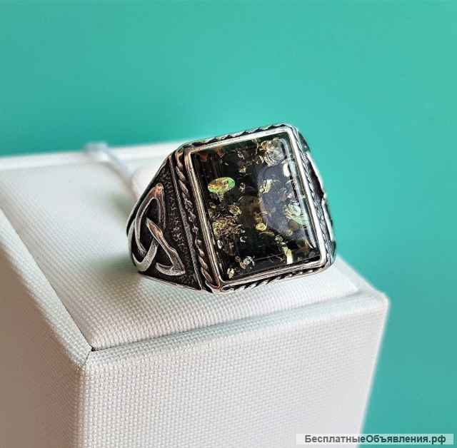 Печатка с янтарем серебро родированное, золочение