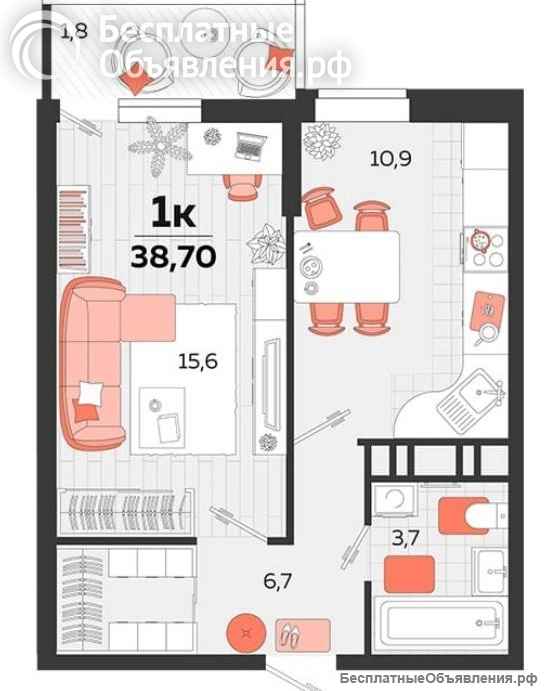 1 к.кв. 39 кв.м. Бочарникова