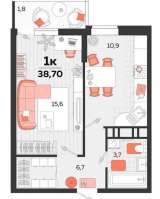 1 к.кв. 39 кв.м. Бочарникова
