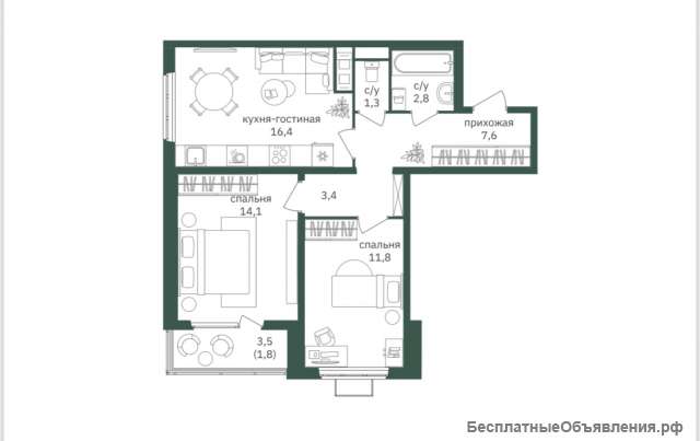 Двухкомнатная квартира 59 кв м в ЖК "Зеленая Вертикаль", ремонт, кухня 16.5 кв м.