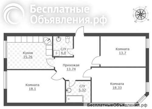 3-комн. кв. 87.3 кв. м, ул. Краснофлотская, 2/5 эт.