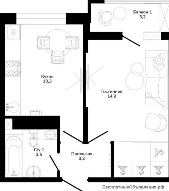 1-комнатная квартира 35.2 кв.м. в Горячем Ключе.