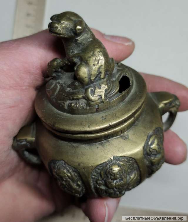 Китайская бронзовая храмовая курильница с собакой Фу (защитницей храма), Китай, 19 век