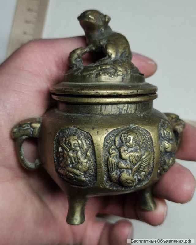 Китайская бронзовая храмовая курильница с собакой Фу (защитницей храма), Китай, 19 век