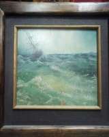 Картина Корабль в штормовом море, фанера, масло, авторская, 1927 год