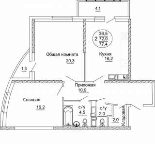 2-комн. квартира, 72,4 м²