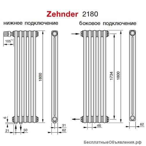Радиатор вертикальный Zehnder Charleston Z-2180 TL