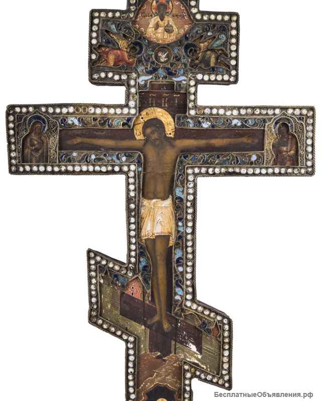 Старинный выносной двусторонний крест в сканом окладе с перегородчатыми эмалями. Россия, XVIII век.