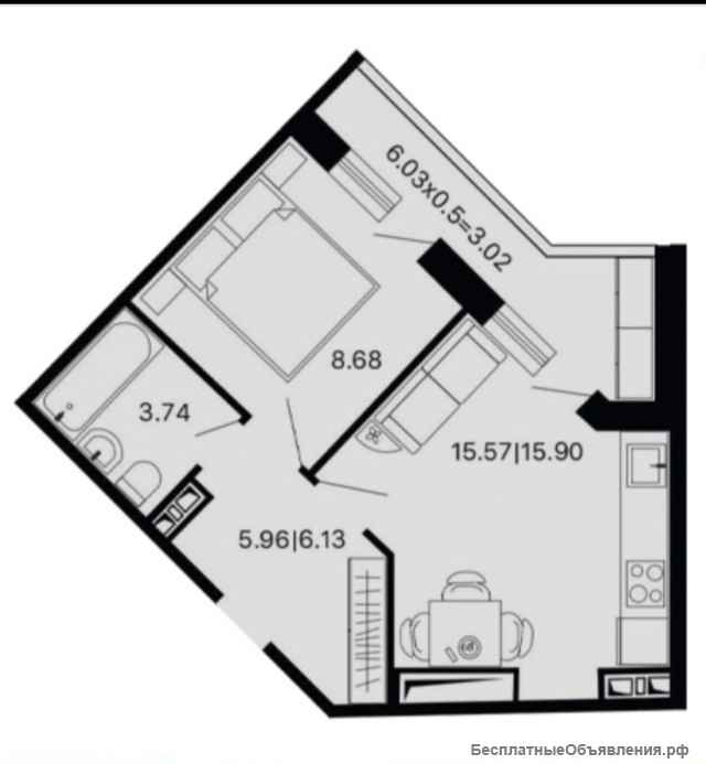 1 к.кв. 32 м2 поселок Южный